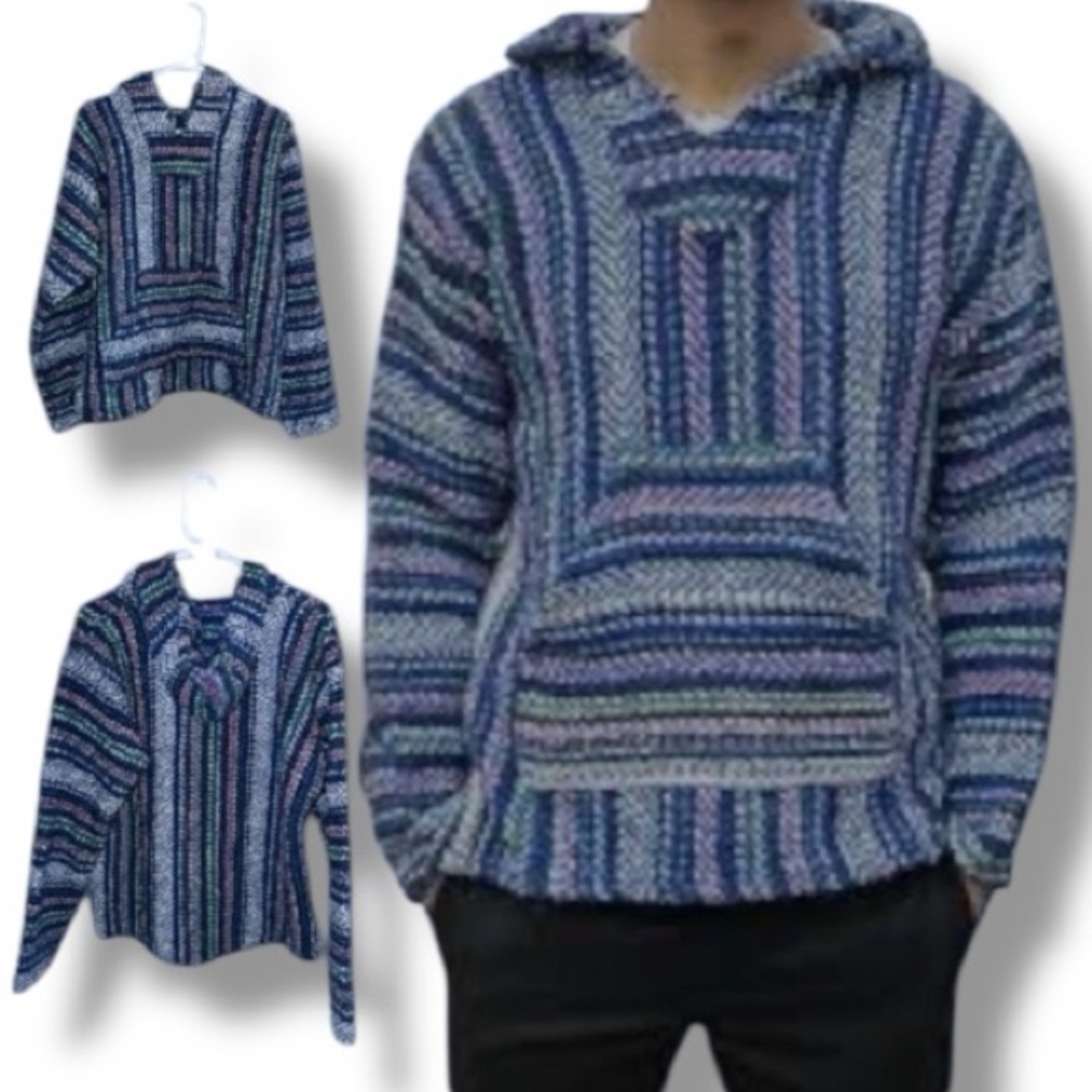 Baja Joe Hoodie Authentic Mexican Blue Multi Color Striped Woven Pullover OS/XL